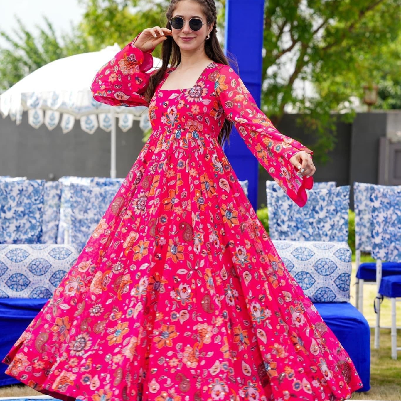 Pink Floral Full Flare Gown for Women EKNO