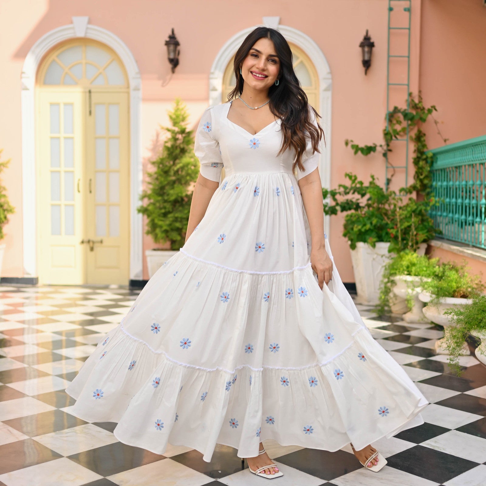 Women Embroidered Flared White Gown – EKNO.