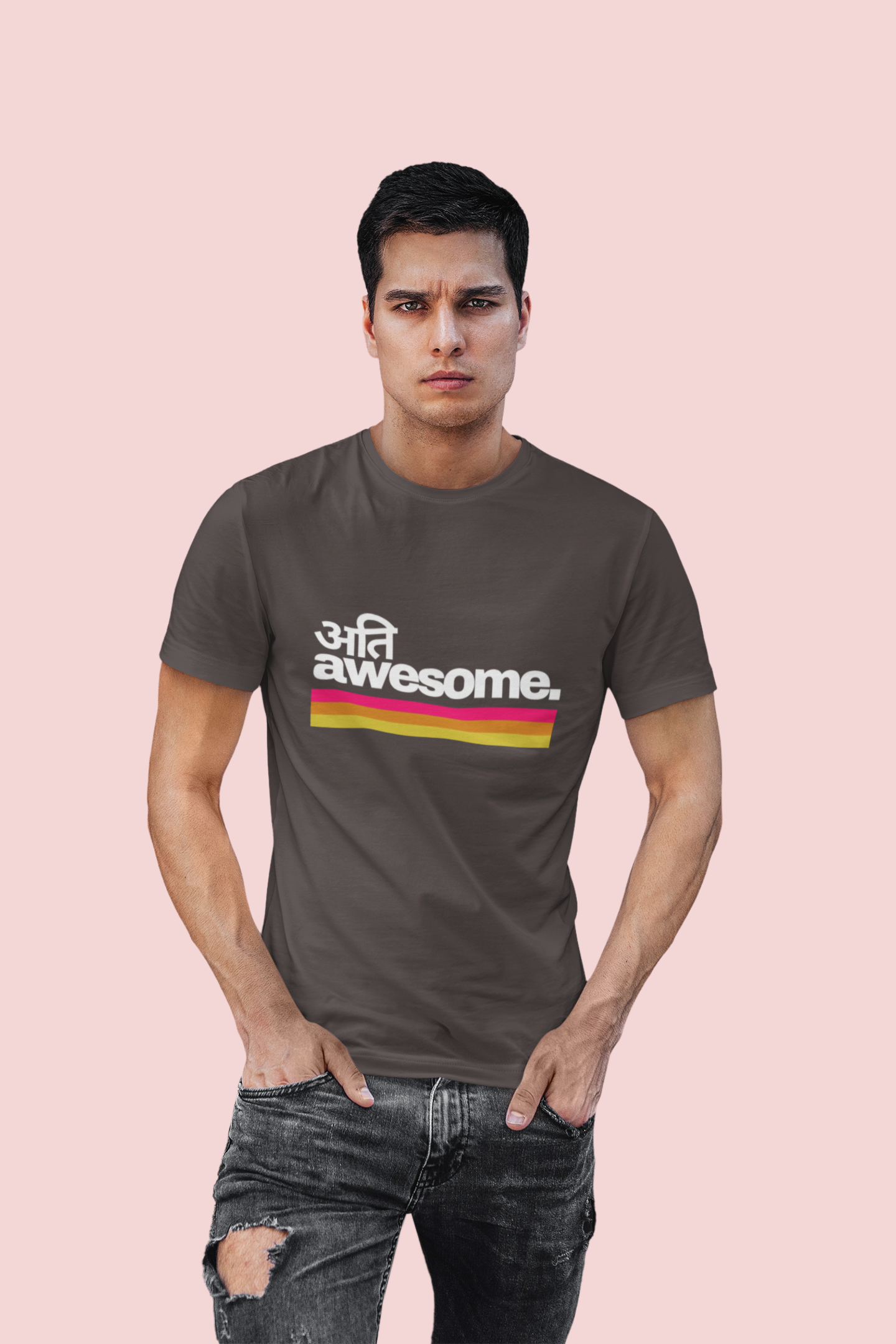 Men Round Neck Grey T-Shirt अति Awesome