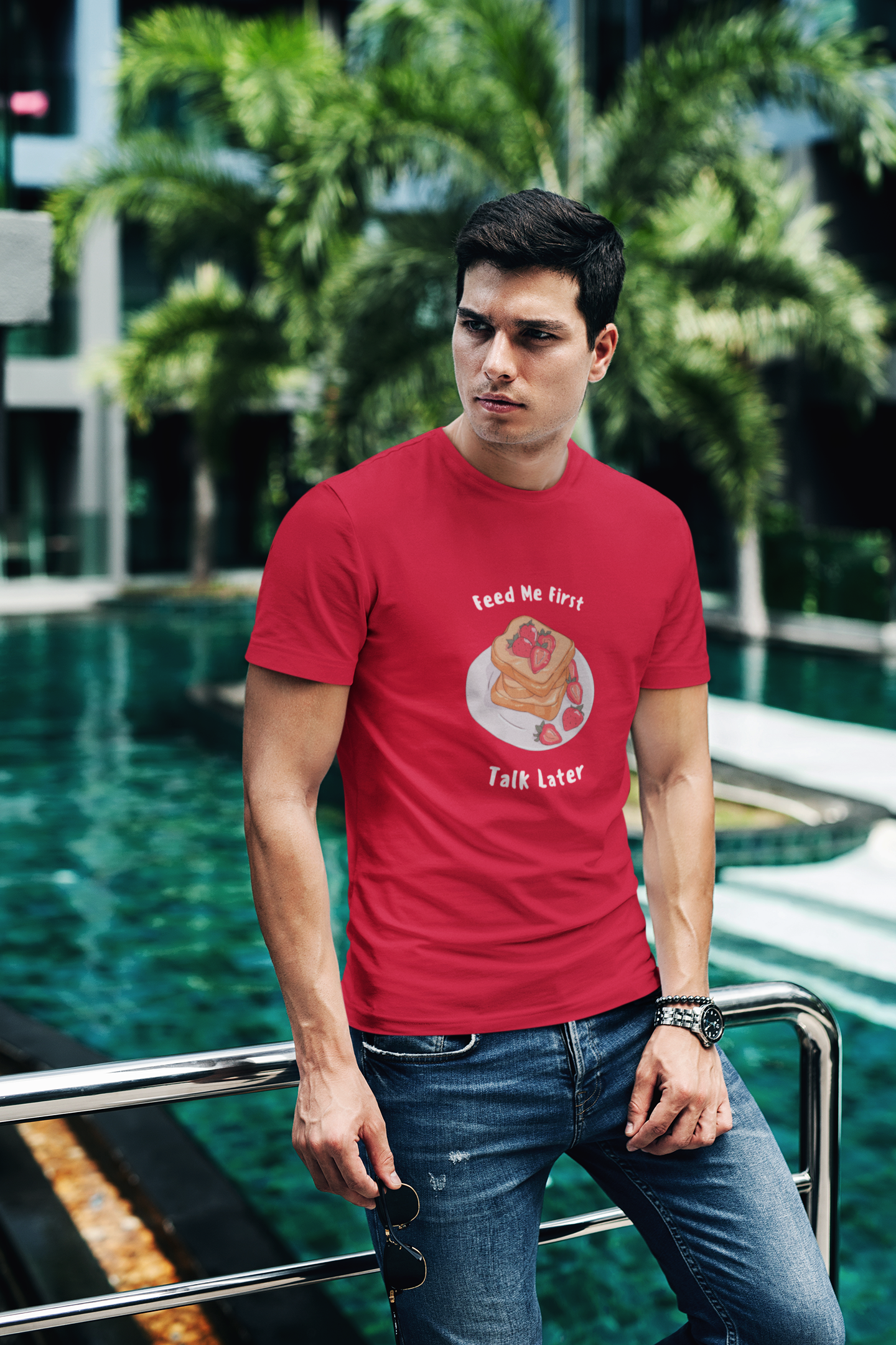 Men Round Neck Red T Shirt Feed Me First