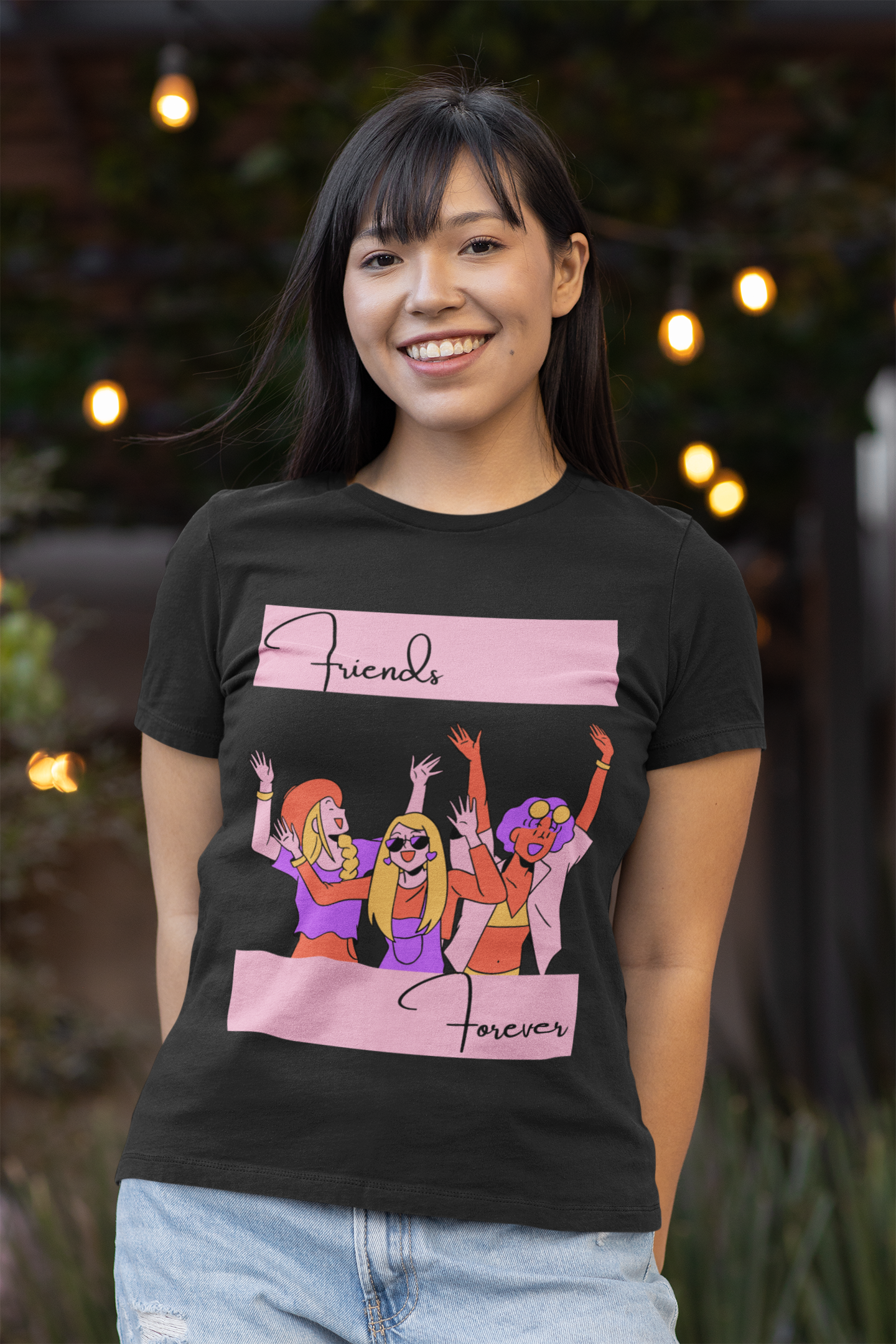 Women Round Neck Black T Shirt Friends Forever