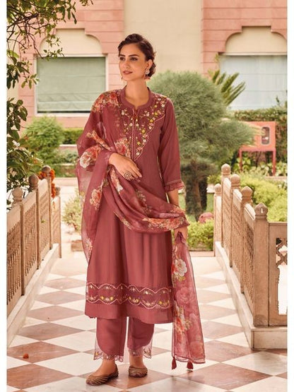 Peach Embroidered Kurta with Pants And Dupatta Set