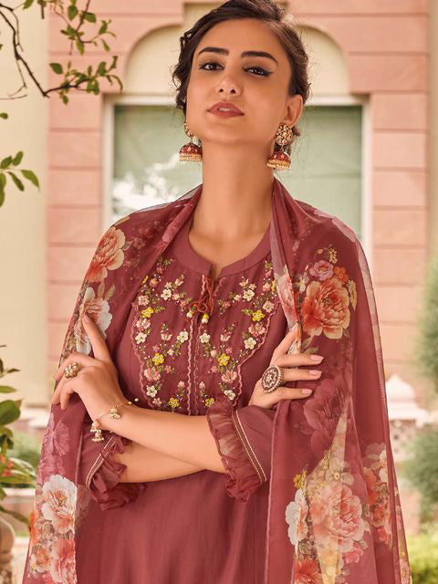 Peach Embroidered Kurta with Pants And Dupatta Set