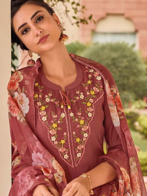 Peach Embroidered Kurta with Pants And Dupatta Set