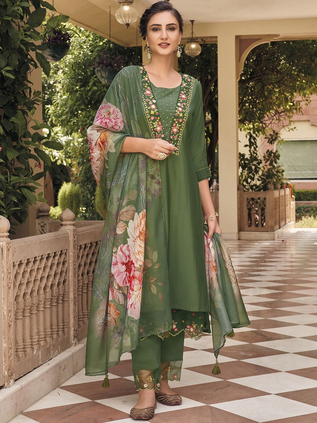 Green Embroidered Kurta with Pants And Dupatta Set