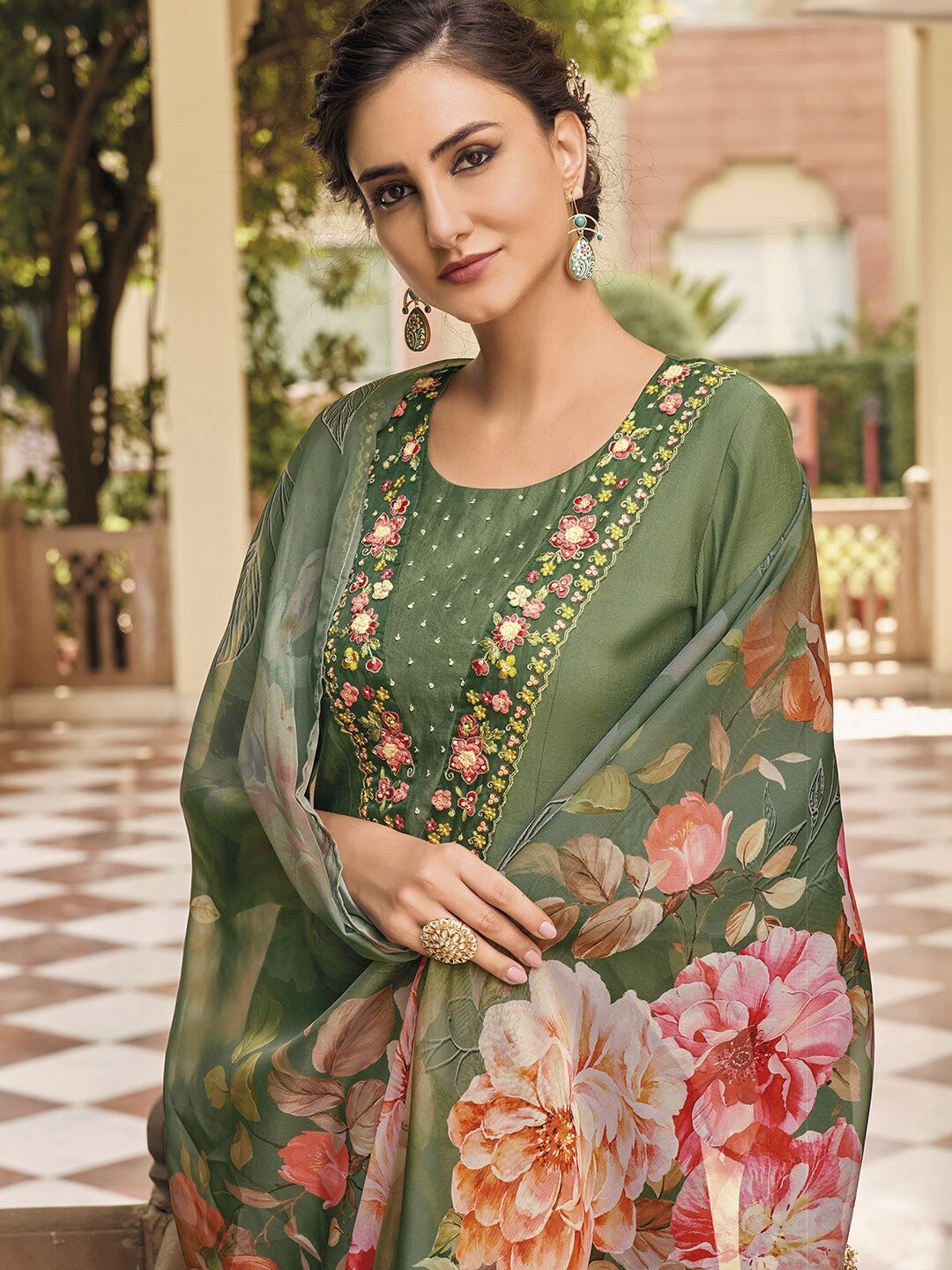 Green Embroidered Kurta with Pants And Dupatta Set