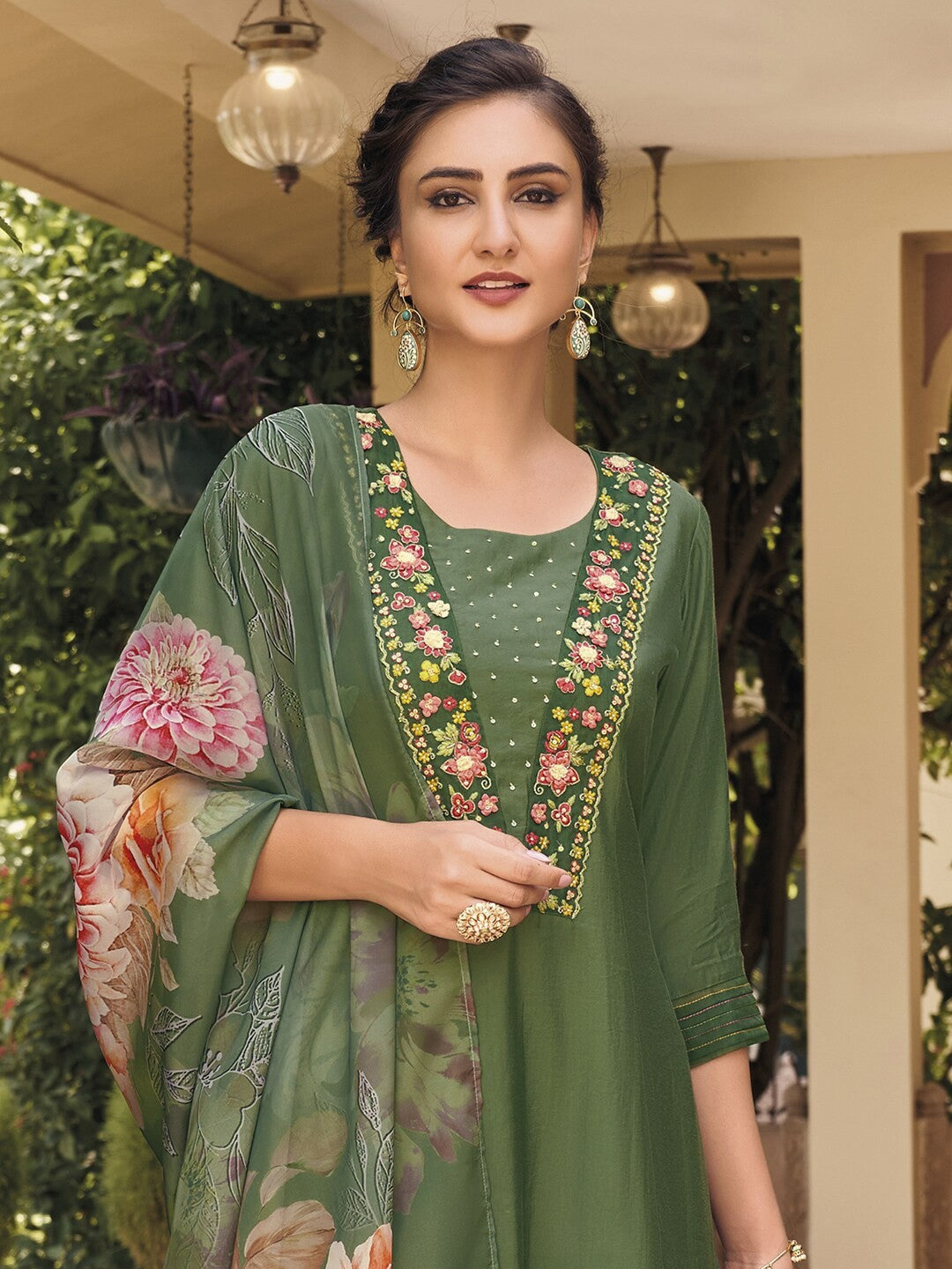 Green Embroidered Kurta with Pants And Dupatta Set