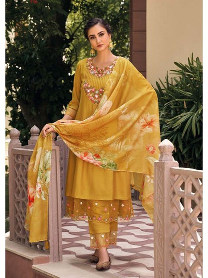 Mustard Embroidered Kurta with Pants And Dupatta Set