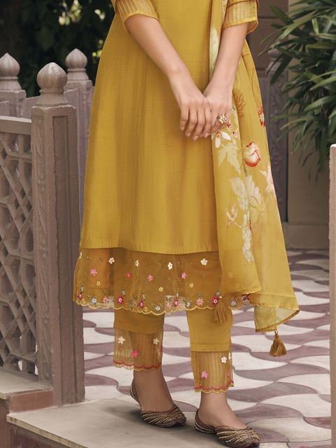 Mustard Embroidered Kurta with Pants And Dupatta Set