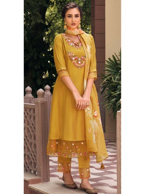 Mustard Embroidered Kurta with Pants And Dupatta Set