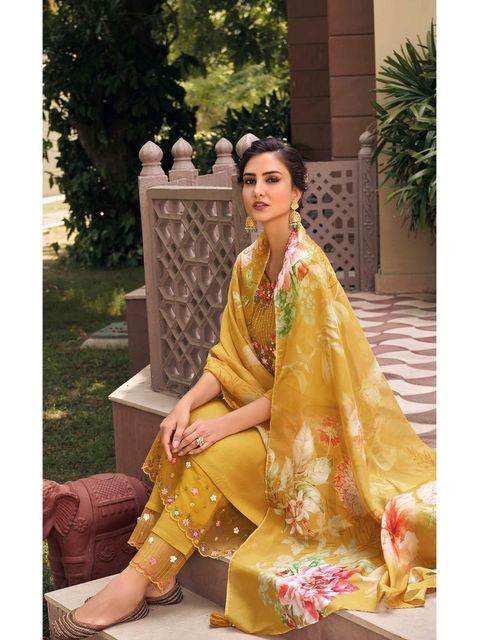 Mustard Embroidered Kurta with Pants And Dupatta Set