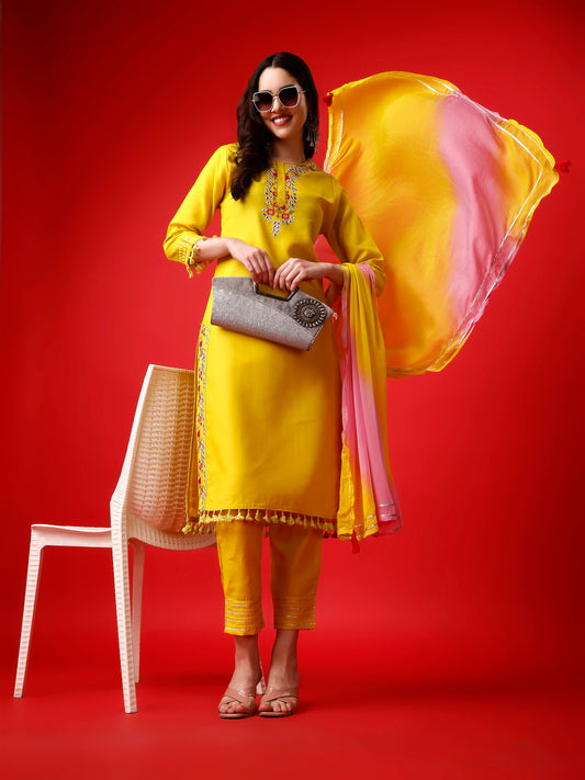 Yellow Embroidery Kurta with Pants and Dupatta