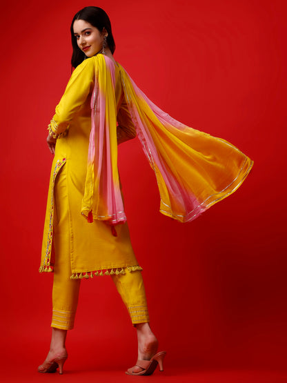 Yellow Embroidery Kurta with Pants and Dupatta