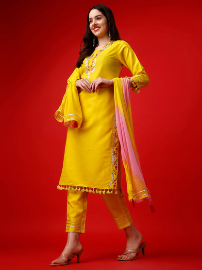 Yellow Embroidery Kurta with Pants and Dupatta