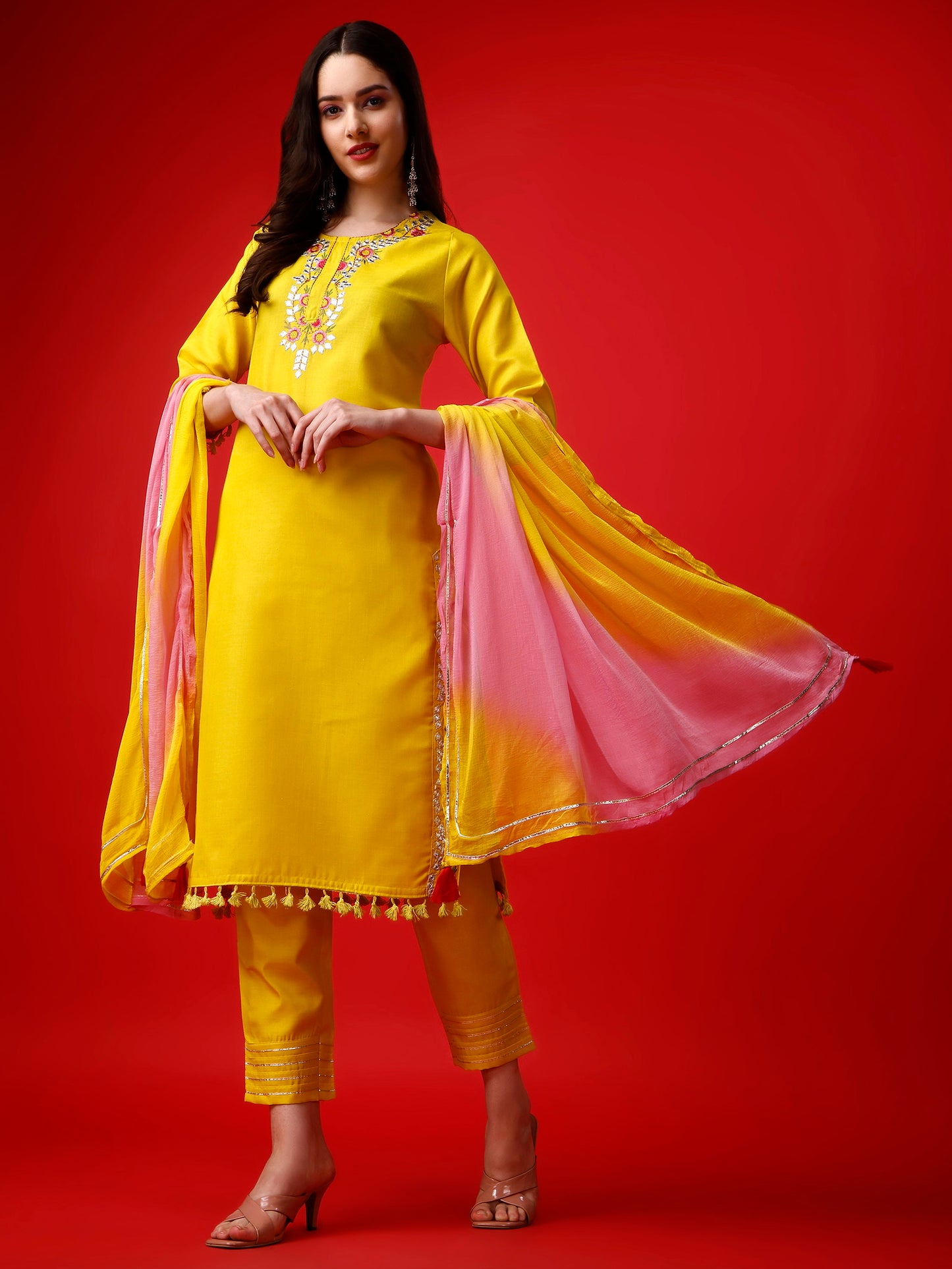 Yellow Embroidery Kurta with Pants and Dupatta