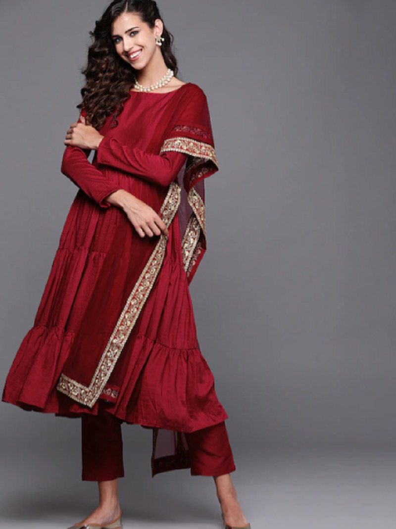 Maroon Party Wear Kurti with Pants and Dupatta