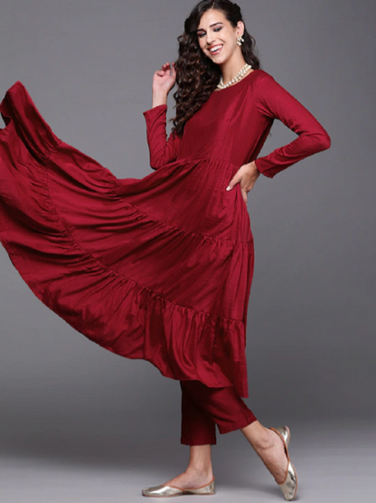 Maroon Party Wear Kurti with Pants and Dupatta