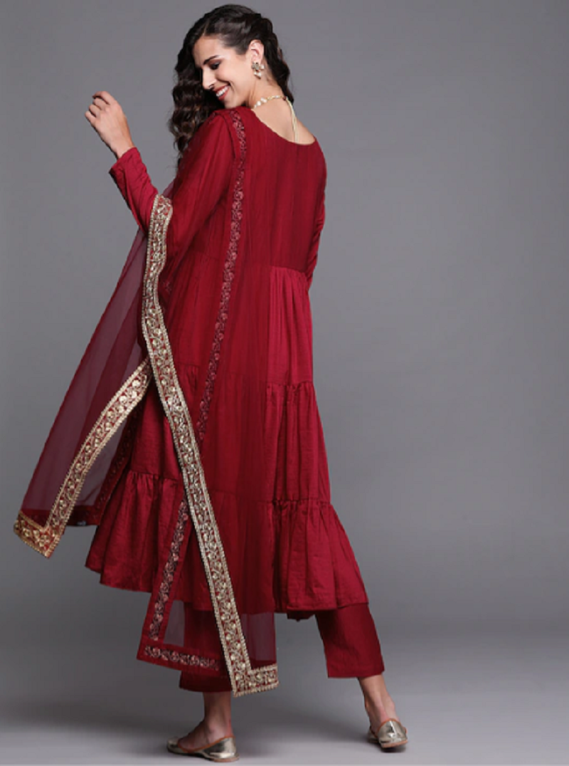 Maroon Party Wear Kurti with Pants and Dupatta