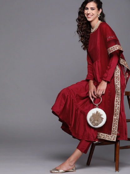 Maroon Party Wear Kurti with Pants and Dupatta