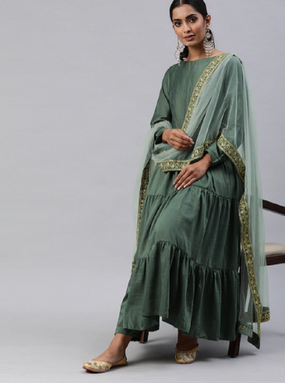 Greyish green Party Wear Kurti with Pants and Dupatta