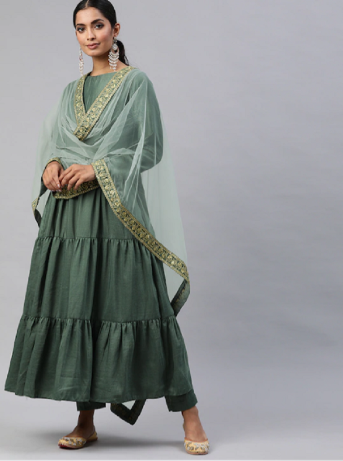 Greyish green Party Wear Kurti with Pants and Dupatta