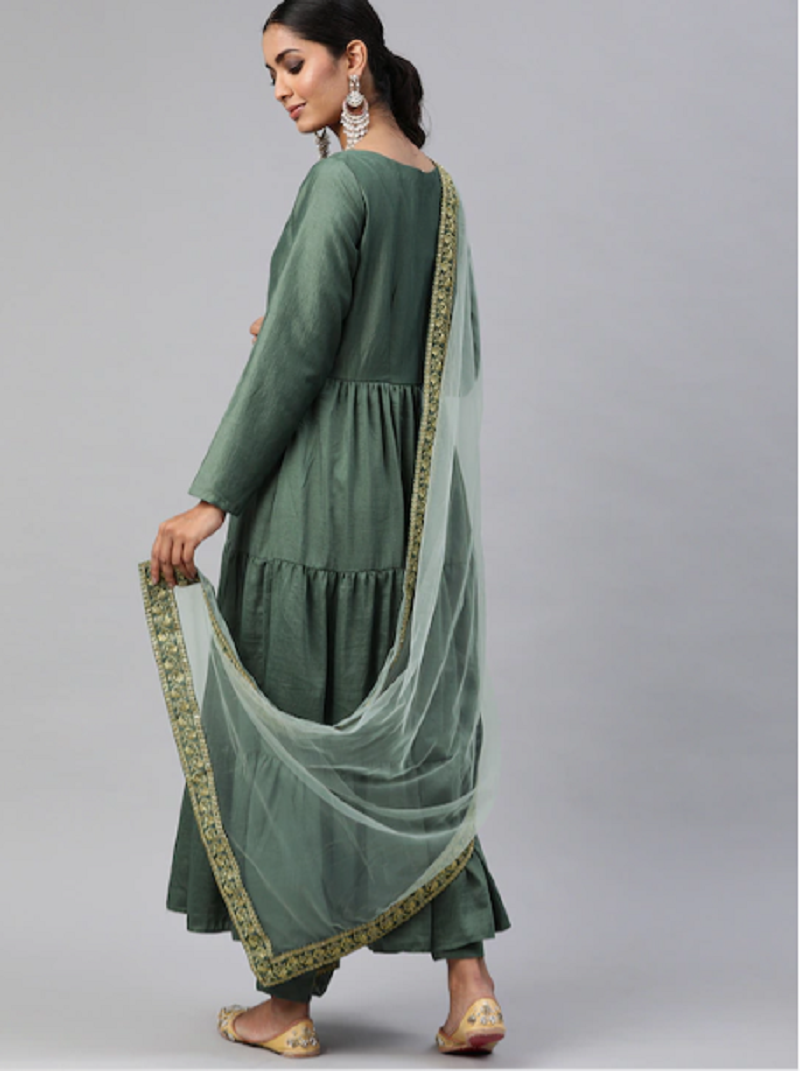 Greyish green Party Wear Kurti with Pants and Dupatta