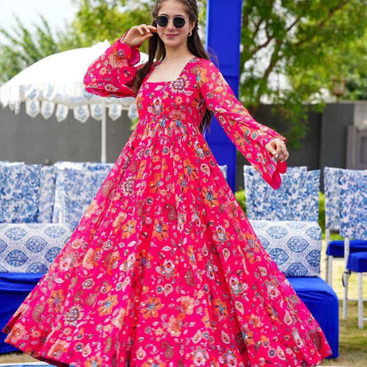 Pink Floral Full Flare Gown for Women