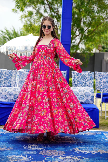 Pink Floral Full Flare Gown for Women