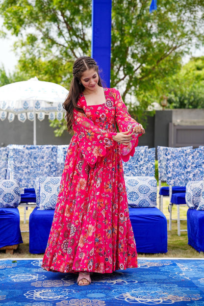 Pink Floral Full Flare Gown for Women