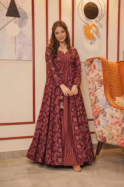 Maroon Designer Full Flare Gown with Shrug