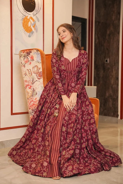 Maroon Designer Full Flare Gown with Shrug