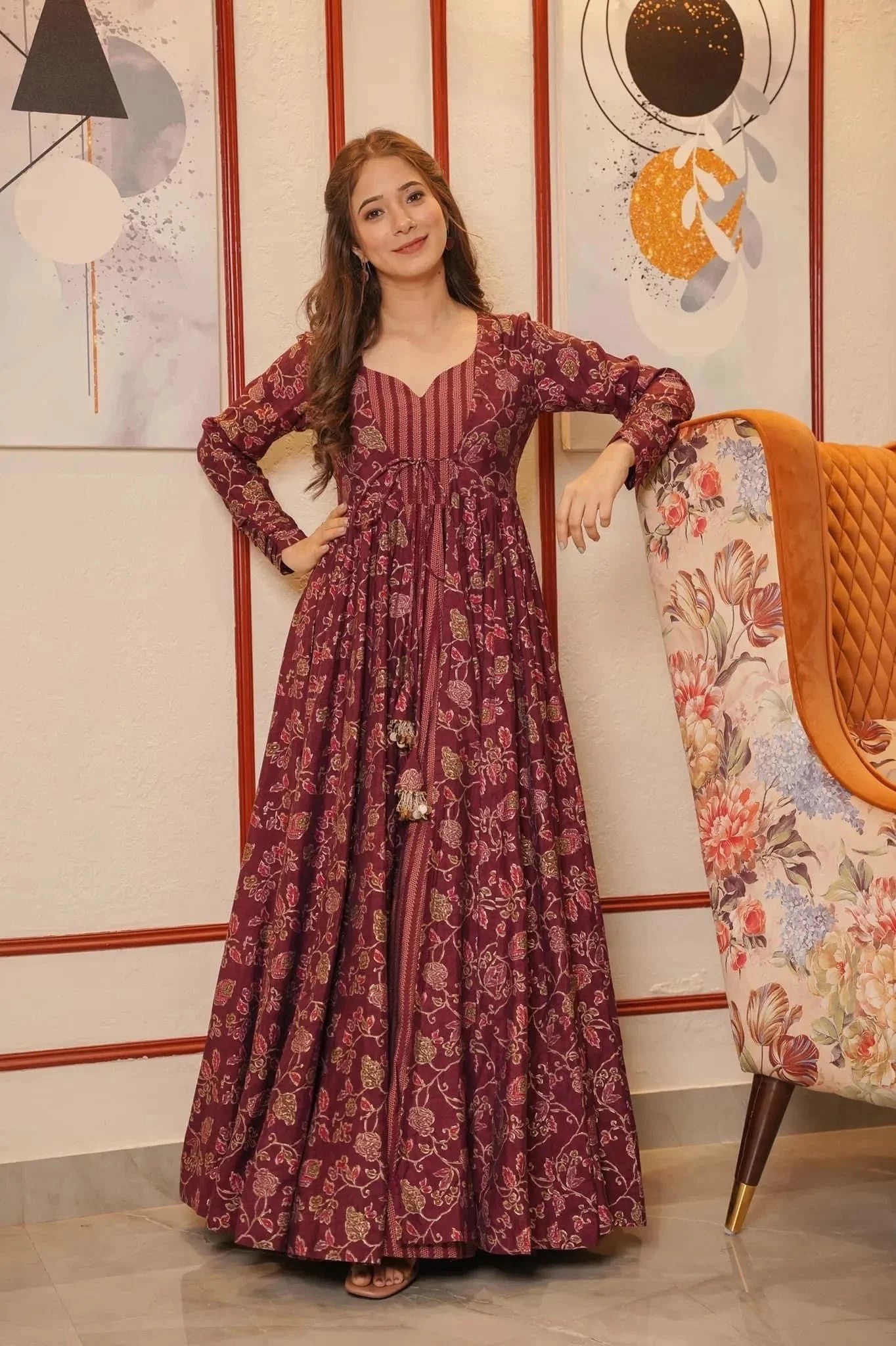 Maroon Designer Full Flare Gown with Shrug