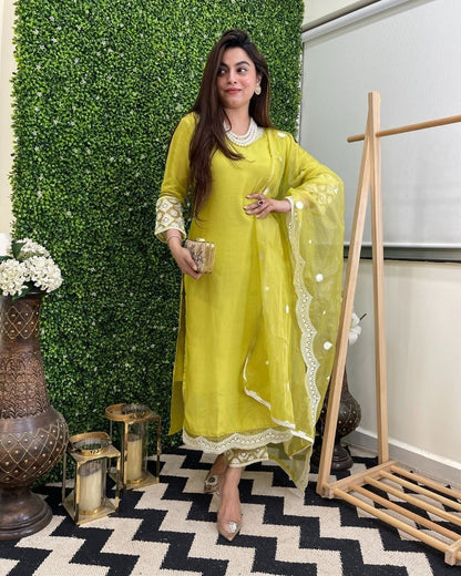 Lime Embroidered Straight Kurta Set with Dupatta