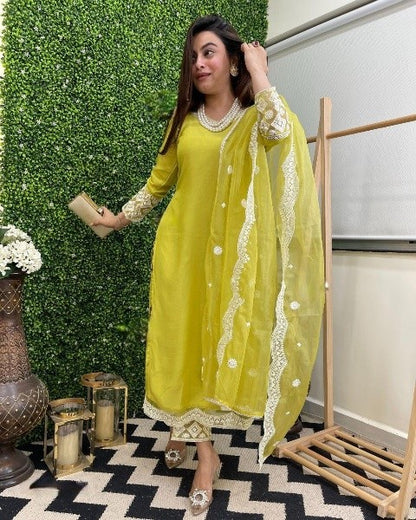 Lime Embroidered Straight Kurta Set with Dupatta