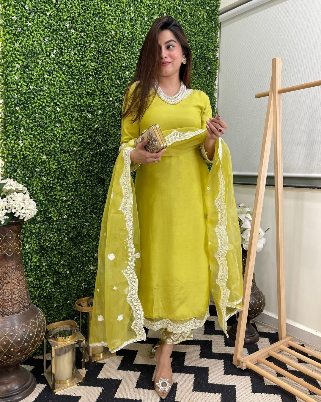 Lime Embroidered Straight Kurta Set with Dupatta