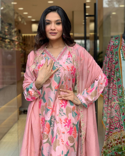 Pink Floral Embroidery Kurta Set with Dupatta