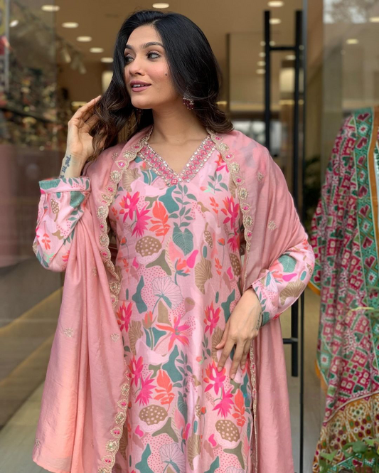 Pink Floral Embroidery Kurta Set with Dupatta