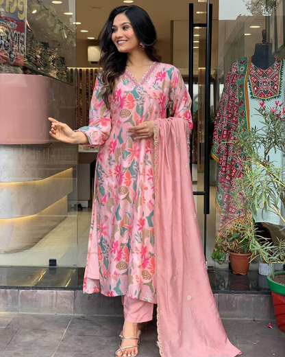 Pink Floral Embroidery Kurta Set with Dupatta