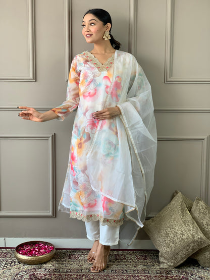 Off White Floral Organza Kurta Set with Dupatta