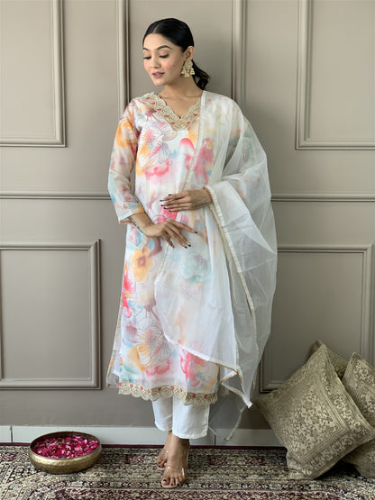 Off White Floral Organza Kurta Set with Dupatta