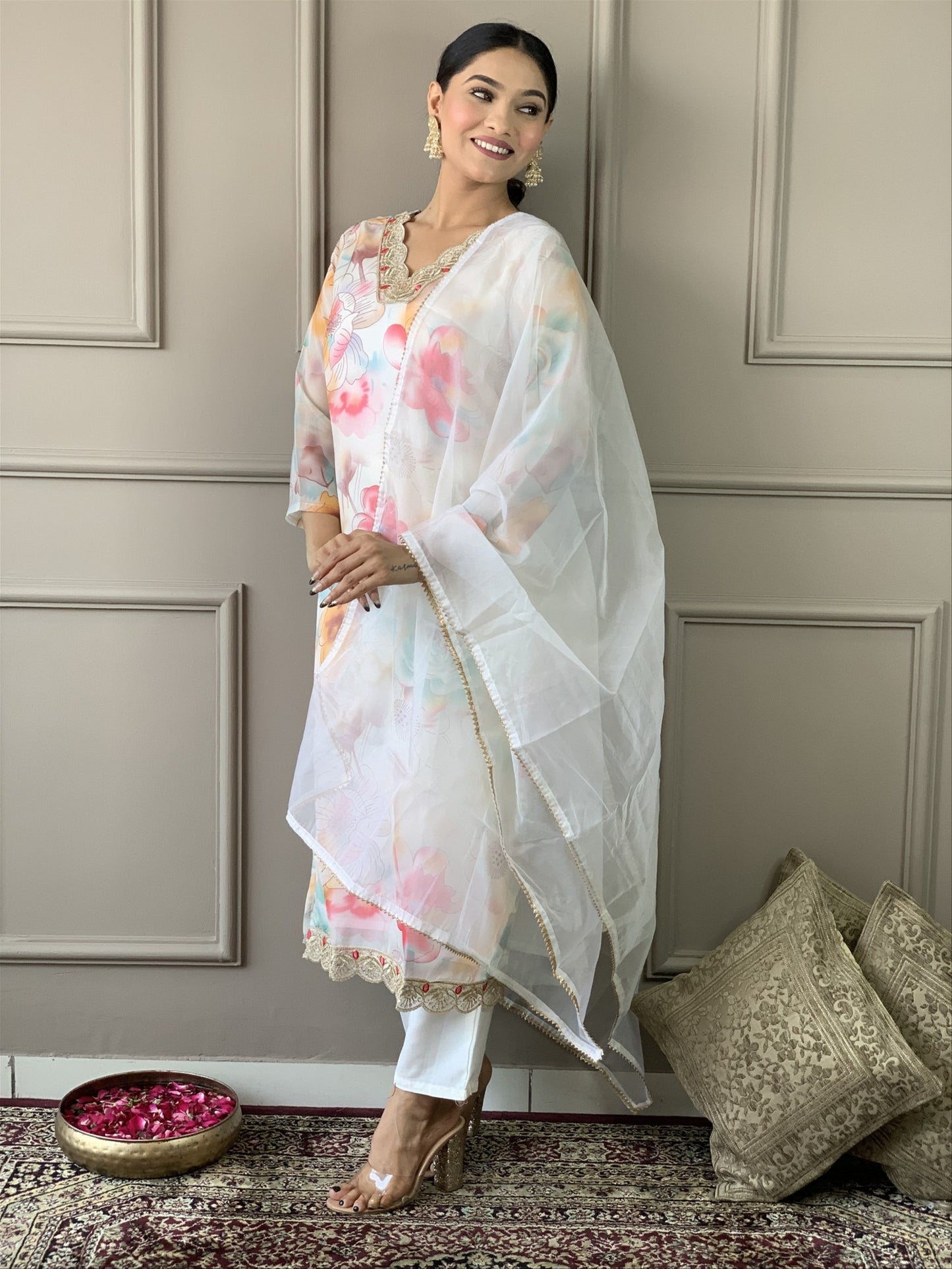 Off White Floral Organza Kurta Set with Dupatta