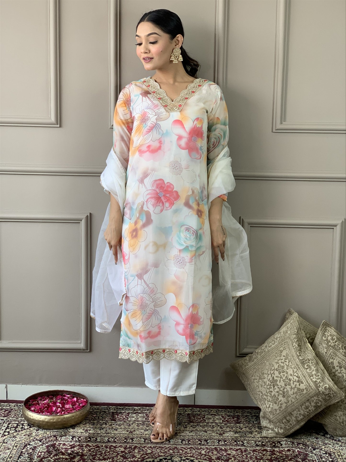 Off White Floral Organza Kurta Set with Dupatta