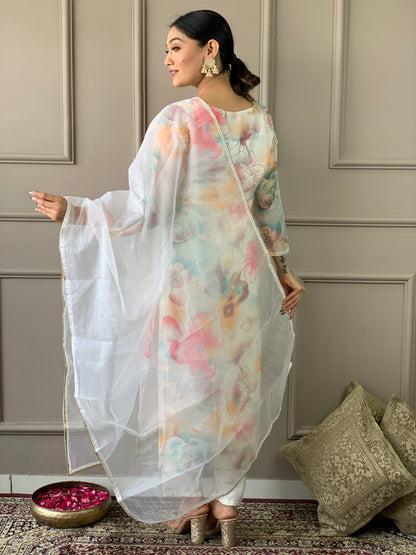 Off White Floral Organza Kurta Set with Dupatta