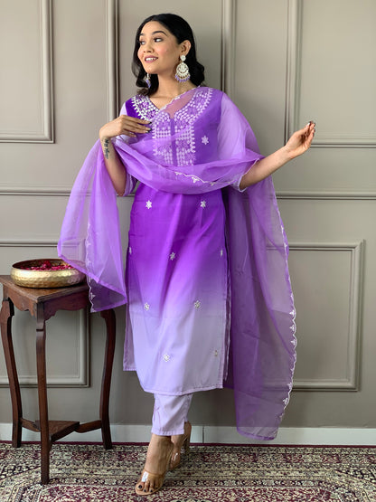 Lavender Embroidered Kurta Set with Dupatta