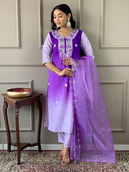 Lavender Embroidered Kurta Set with Dupatta