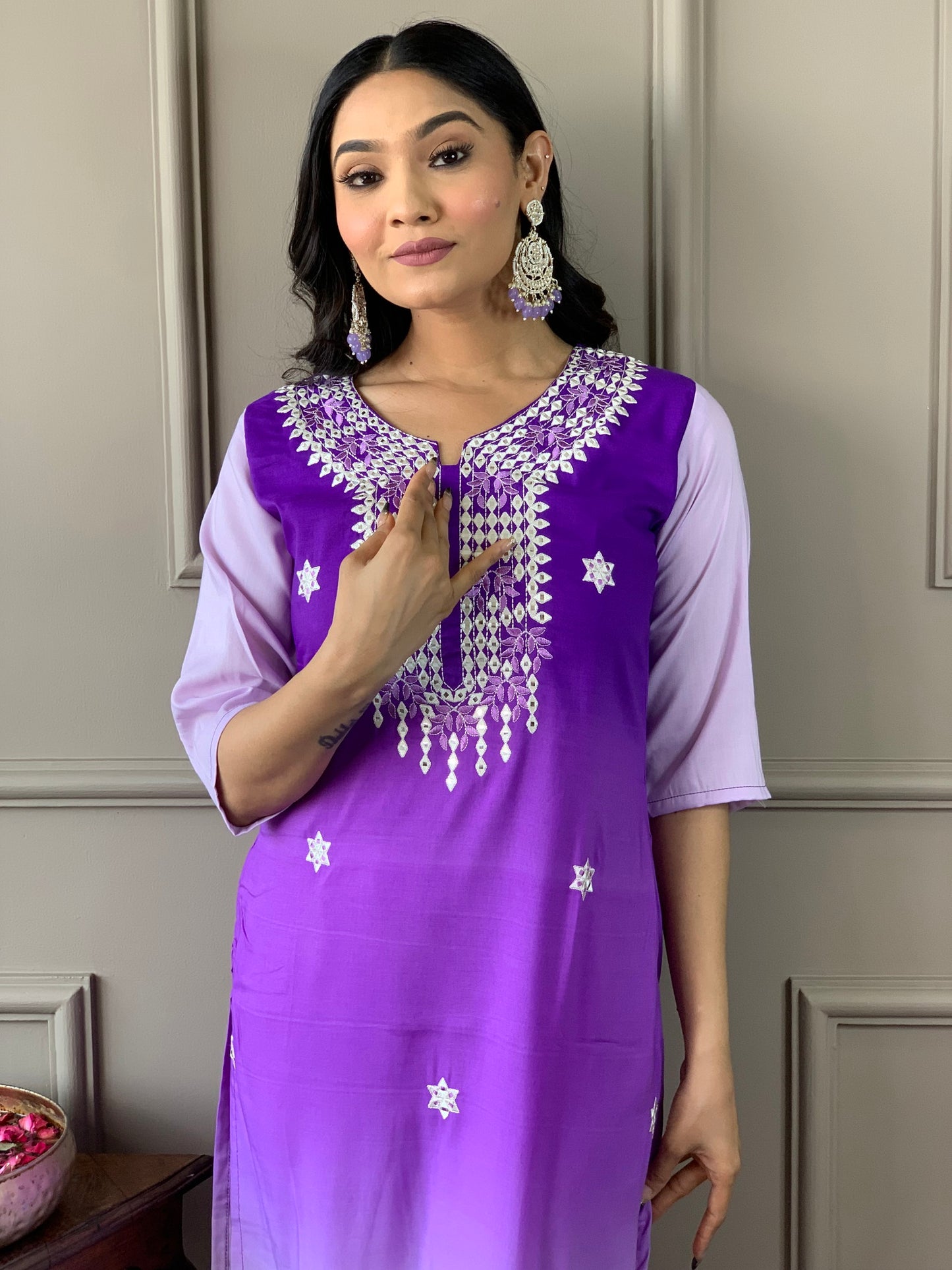 Lavender Embroidered Kurta Set with Dupatta