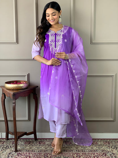 Lavender Embroidered Kurta Set with Dupatta