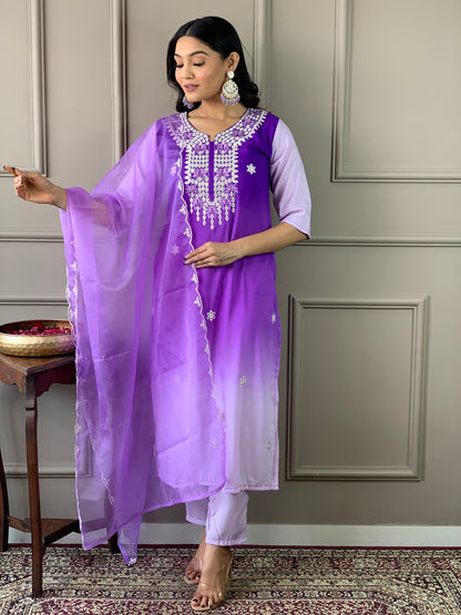 Lavender Embroidered Kurta Set with Dupatta