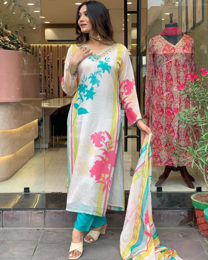 Off-white Embroidered Kurti Set with Dupatta