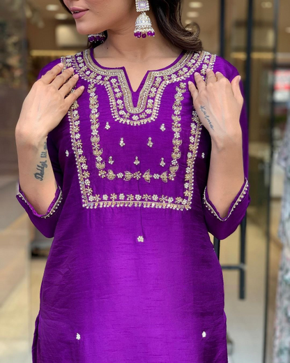 Purple Embroidered Jacquard Kurta Set with Heavy Dupatta